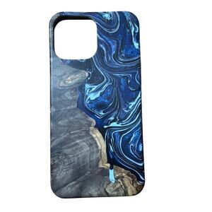 Carved iPhone 13 Pro Max Wood & Resin Live Edge Phone Case Blue & White Wooden
